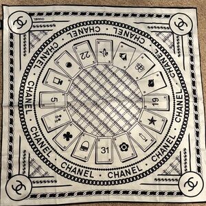 CHANEL Black and White Playing Card Motif Silk Scarf